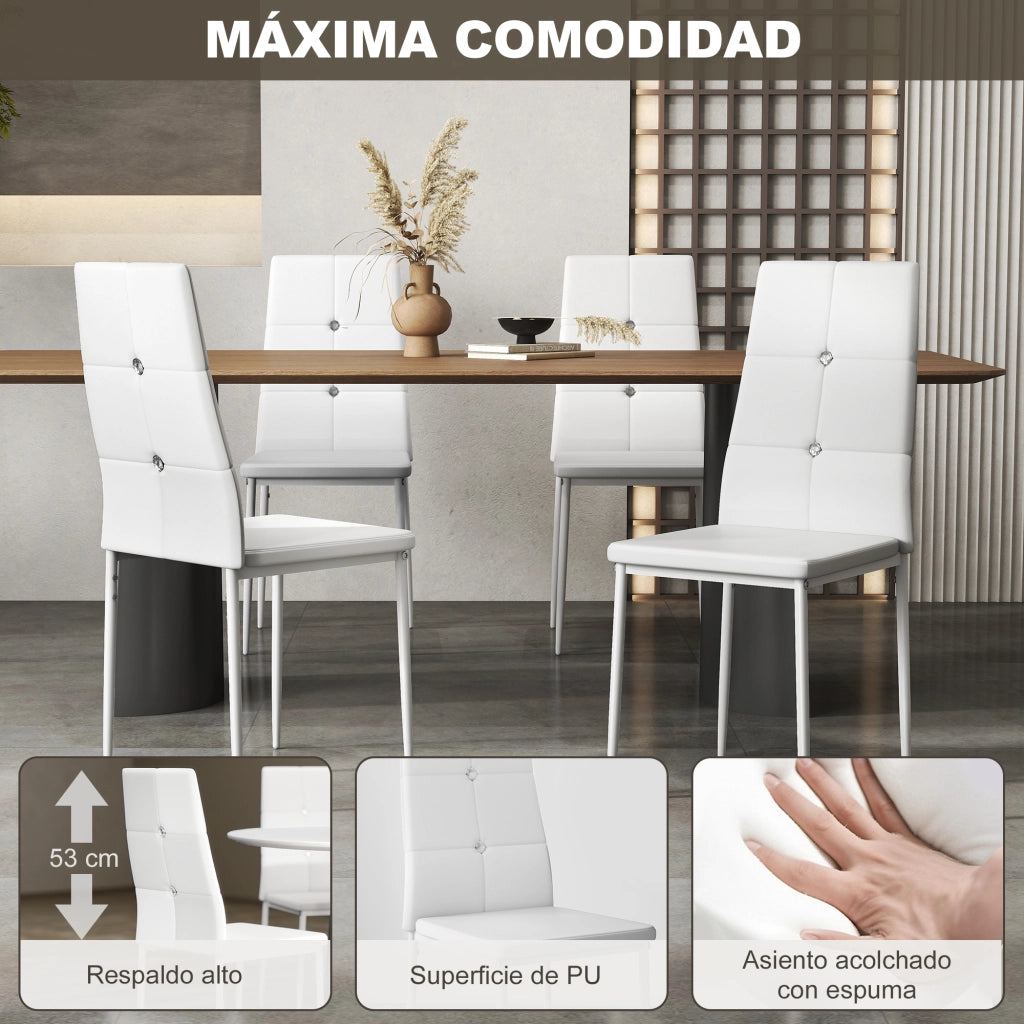 Set di 6 Sedie da Pranzo Imbottite ¨C Zephmum ¨C PU Bianco Schienale Alto con Bottoni Gambe in Acciaio