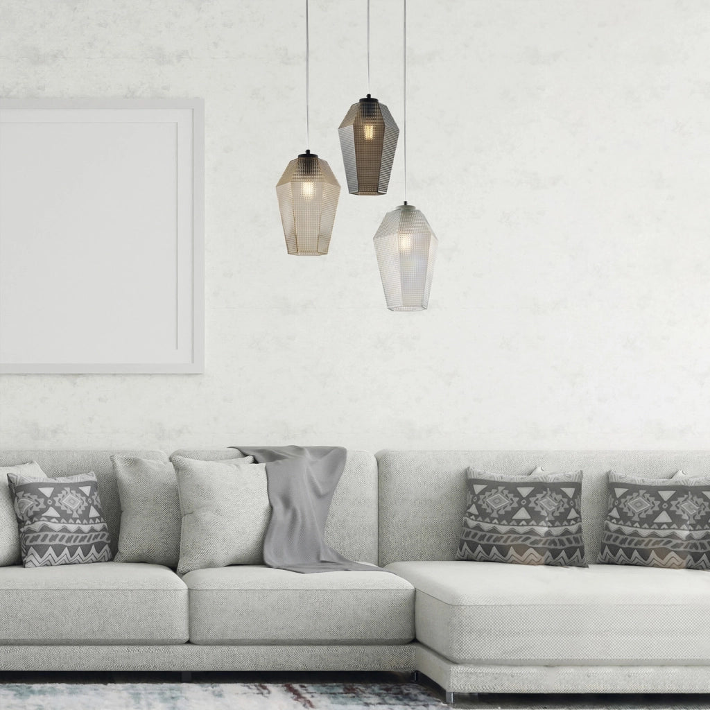Sospensione 1 Luce Prisma In Ferro Laccato Bianco E Vetro Grigio Specchiato
