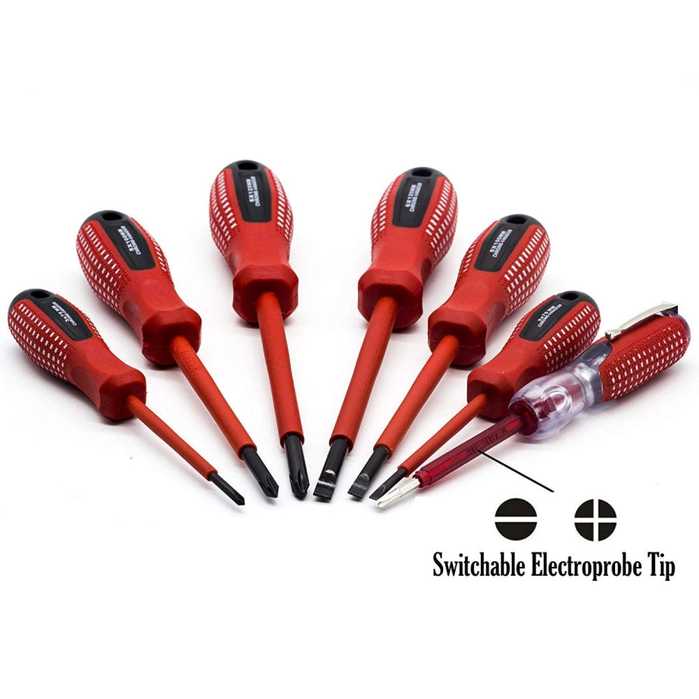 Trade Shop - Set 7 Pezzi Cacciaviti Giraviti Isolati Con Manico In Gomma Grip Con Cercafase -