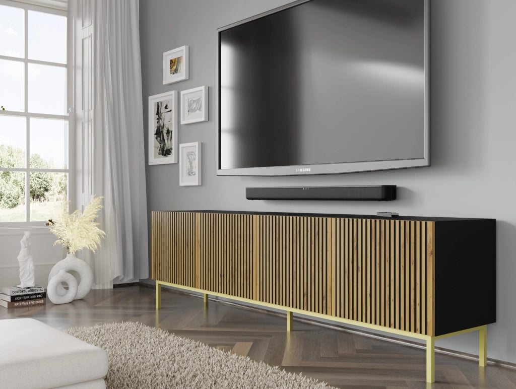 MOBILE RAVENNA F PORTA TV IN MDF VERNICIATO 4D 200 NERO OPACO ROVERE ARTIGIANALE STRUTTURA ORO