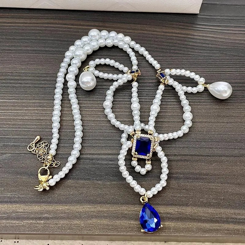Collana vintage a pi¨´ strati con perle e gocce blu, regalo di Natale o compleanno.