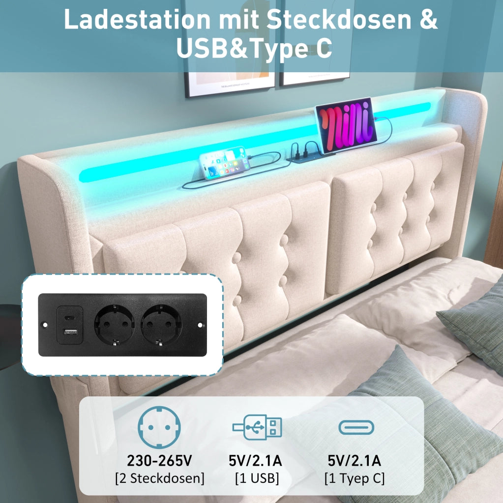 Letto matrimoniale 160x200 cm con LED; USB e USB-C; 4 cassetti; tessuto cotone-lino beige