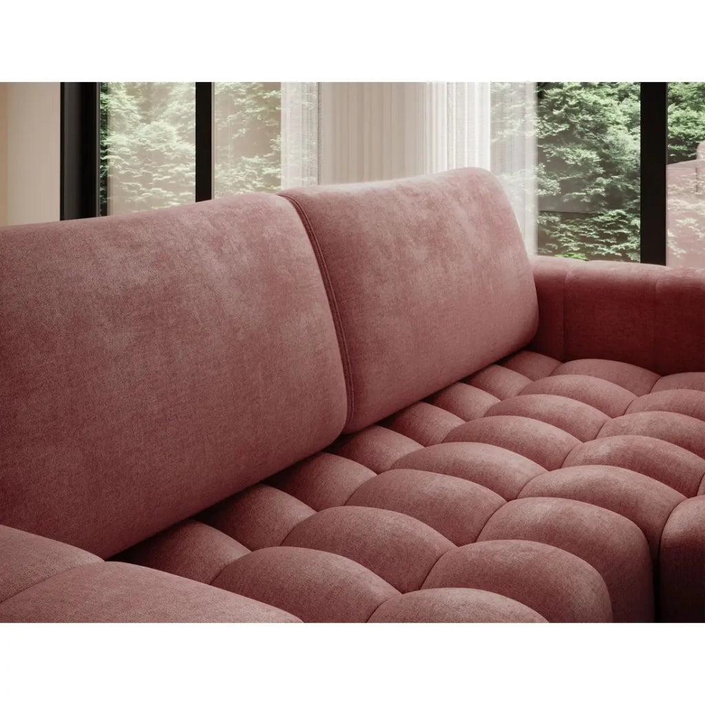 Divano angolare trasformabile DORY rosa 250 cm con vano contenitore angolo destro