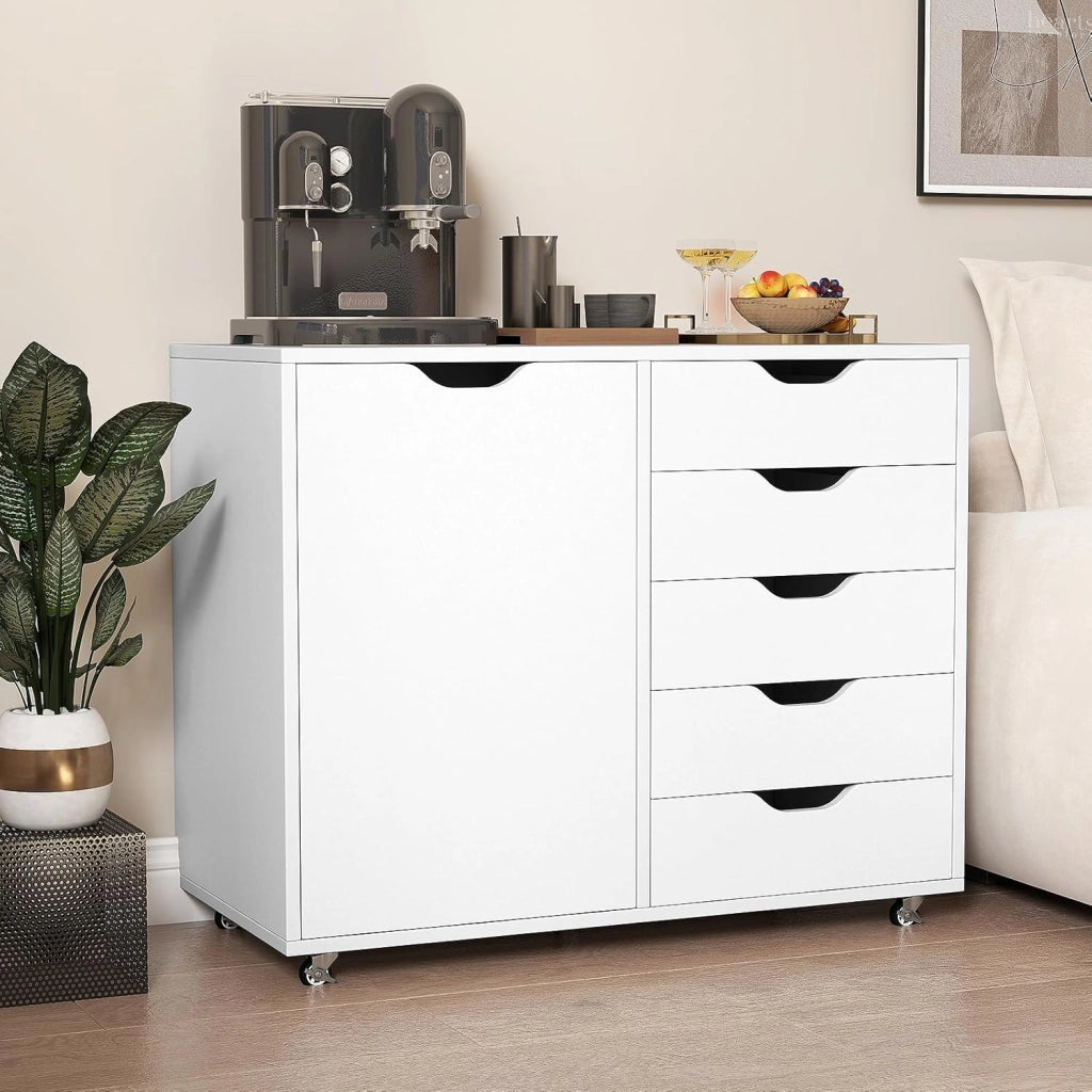 Mobiletto con 5 Cassetti e Anta, Cassettiera per Documenti con 5 Ruote e Ripiano Regolabile, per Soggiorno, Ufficio e Cucina, 79 x 40 x 65 cm (Bianco)