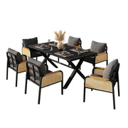 Tavolo e 6 Sedie da Giardino con Cuscini e Braccioli in Rattan; per 6 Persone e Terrazza; Ferro e Poliestere; Nero e Naturale