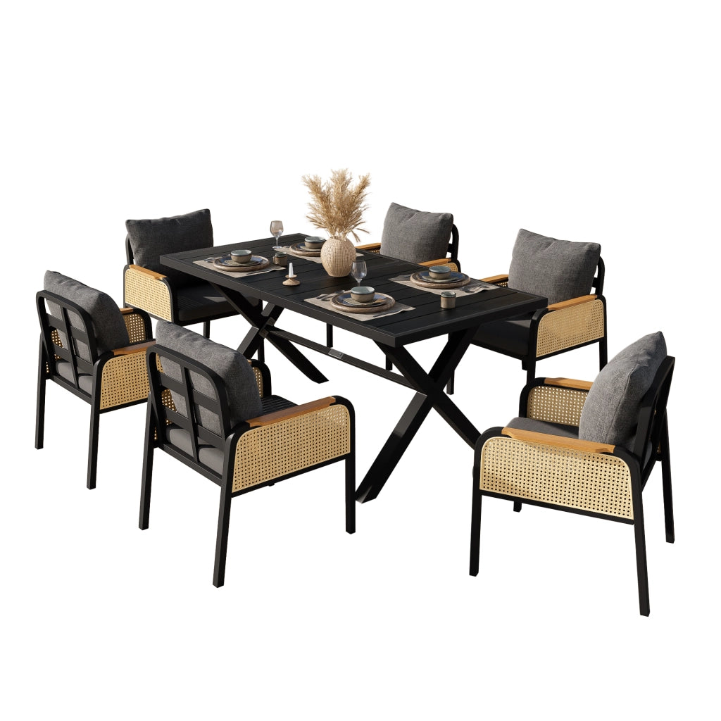 Tavolo e 6 Sedie da Giardino con Cuscini e Braccioli in Rattan; per 6 Persone e Terrazza; Ferro e Poliestere; Nero e Naturale