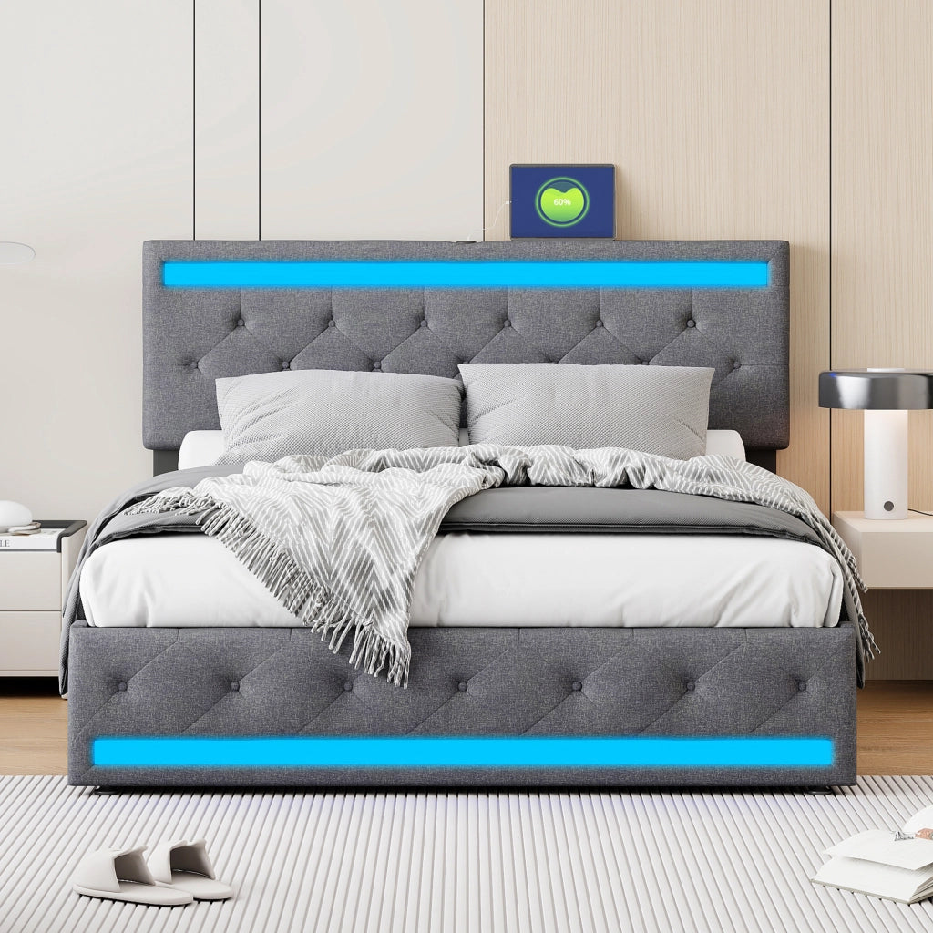Letto matrimoniale contenitore 160x200 cm con testiera regolabile LED e porte USB struttura letto con 4 cassetti in legno lino grigio