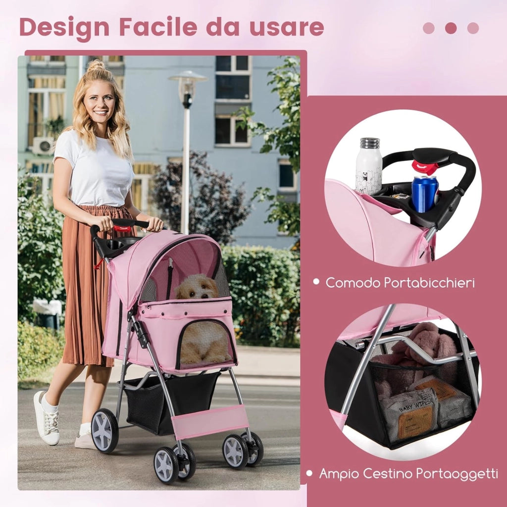 Passeggino per Cani, Carrozzina per Cani Pieghevole Fino a 15 kg, 4 Ruote con Finestra a Rete Porta Bicchiere e Cesto, Passeggino Portatile per Animali Piccola e Media (Rosa)