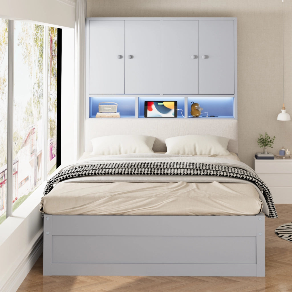 Letto singolo per bambini 90x200 cm con testiera imbottita; vani; LED; presa elettrica; cassetto e rete; legno grigio