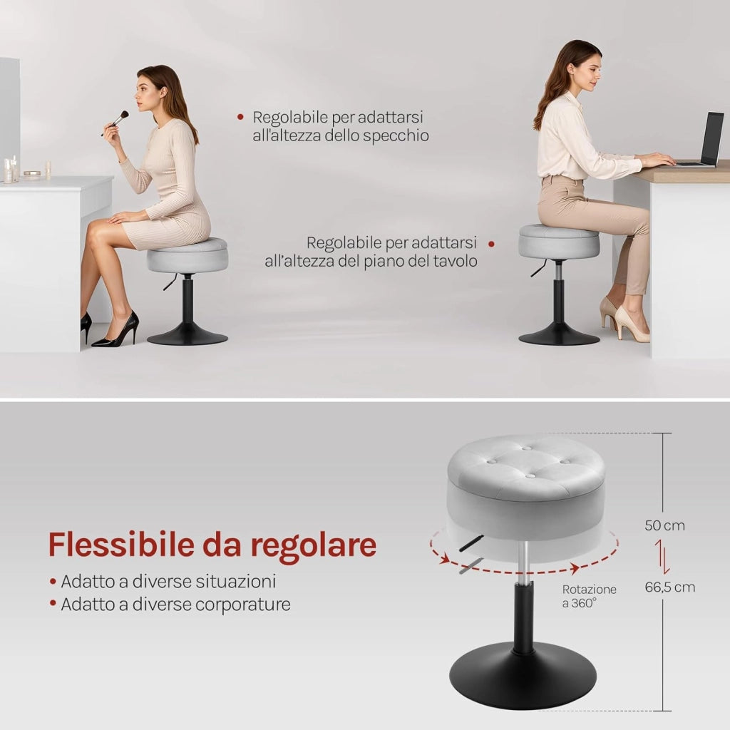 Sgabello da Trucco Girevole, Sgabello Altezza Regolabile, Sedia da Bar Rotondo con Contenitore, Sedile in Velluto, Base in Metallo, per Cucina, Soggiorno, Grigio Chiaro