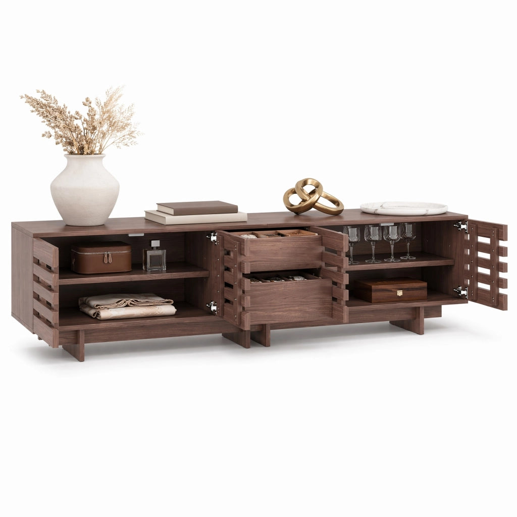 Mobile TV moderno in effetto noce, 200 x 39,5 x 55 cm, con 2 cassetti, 4 ante e 6 vani contenitori