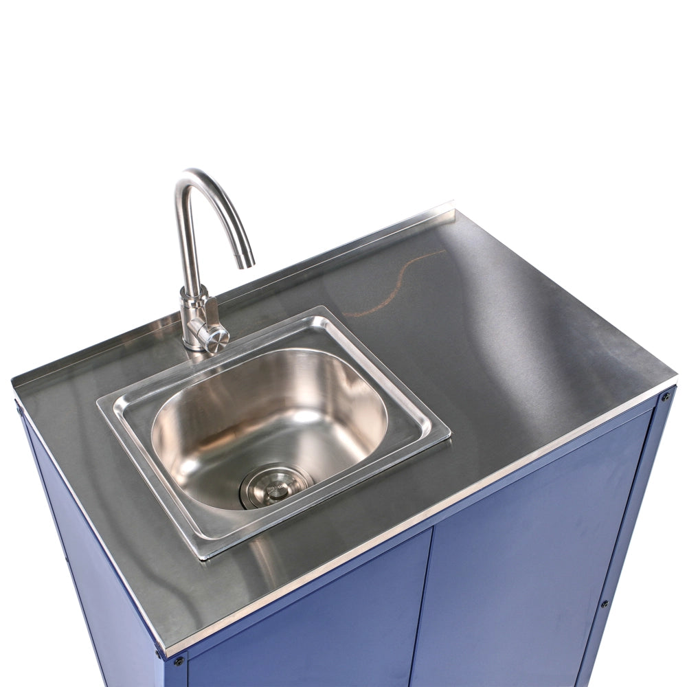 Set di 2 elementi per la cucina all'aperto in acciaio inox blu con portaoggetti e lavello cucina da esterno