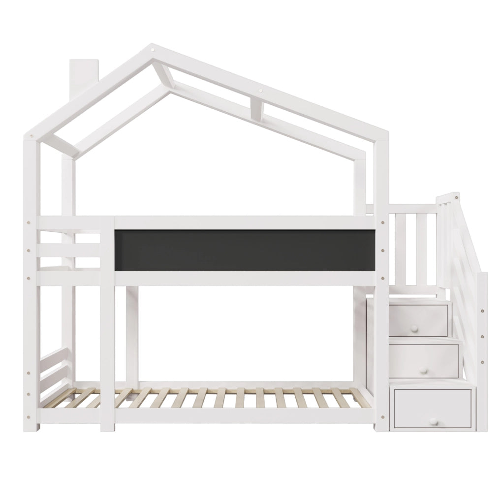 OKWISH Letto a Castello a Casetta 90×200 cm, Letto Singolo con Contenitore, Cassetti e Lavagna, con Barriera, senza Materasso, Bianco