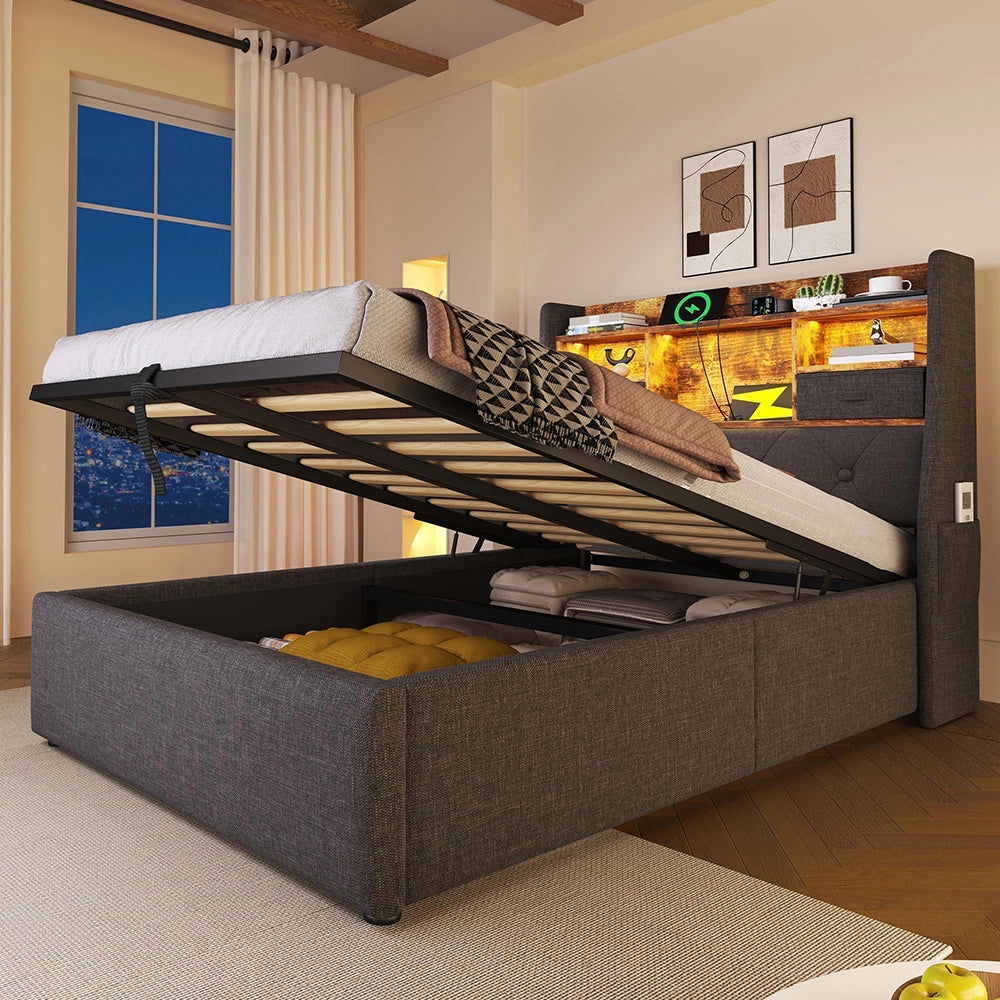 Letto Singolo 90x200cm - Xylo - Testiera LED Idraulica con 4 Porte Ricarica, Tessuto Lino Grigio