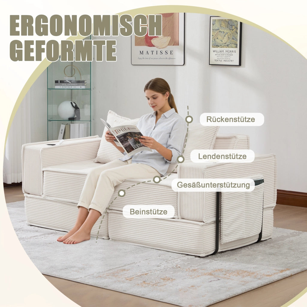 poltrona con pouf modulare con tasche laterali; 2 cuscini; design ergonomico in velluto a coste beige 162 Ã— 78 Ã— 66 cm