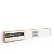 Mobile TV Soggiorno, 310x50x37 cm, Per TV fino a 80", Camino elettrico, LED, Bianco e Rovere soft