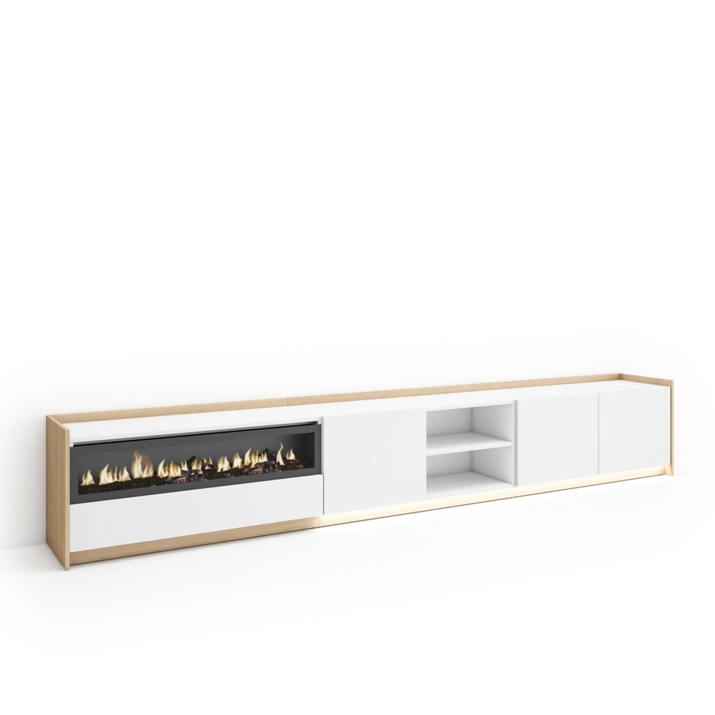Mobile TV Soggiorno, 310x50x37 cm, Per TV fino a 80", Camino elettrico, LED, Bianco e Rovere soft