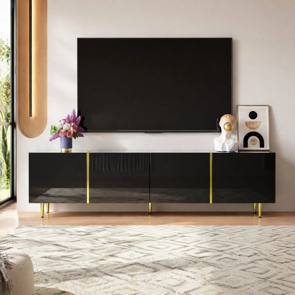 Mobile TV nero lucido con 4 ante e dettagli oro, 170 cm