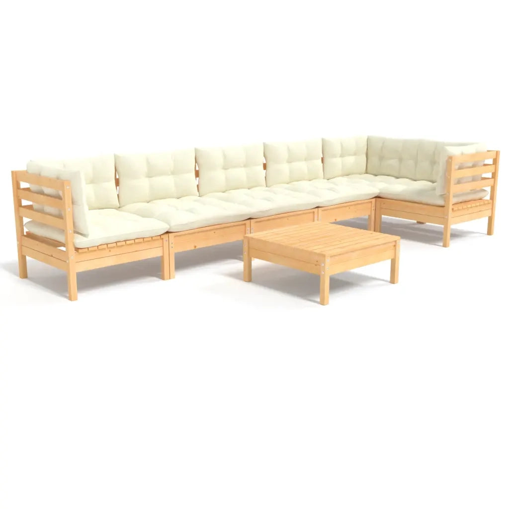 Set Salotto da Giardino 7pz con Cuscini Crema in Legno di Pino 3096400