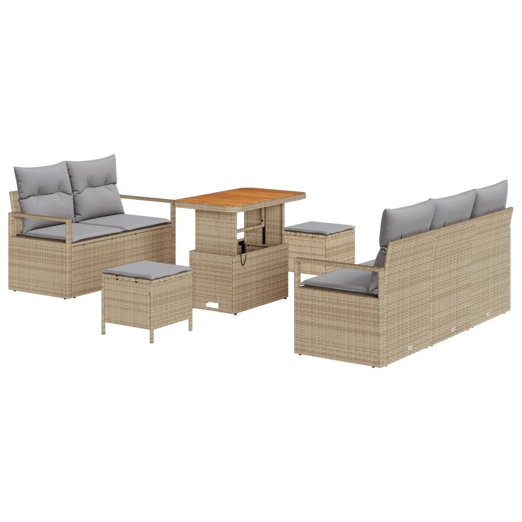 Set divano da giardino 8 pezzi con cuscini beige in polyrattan e acacia