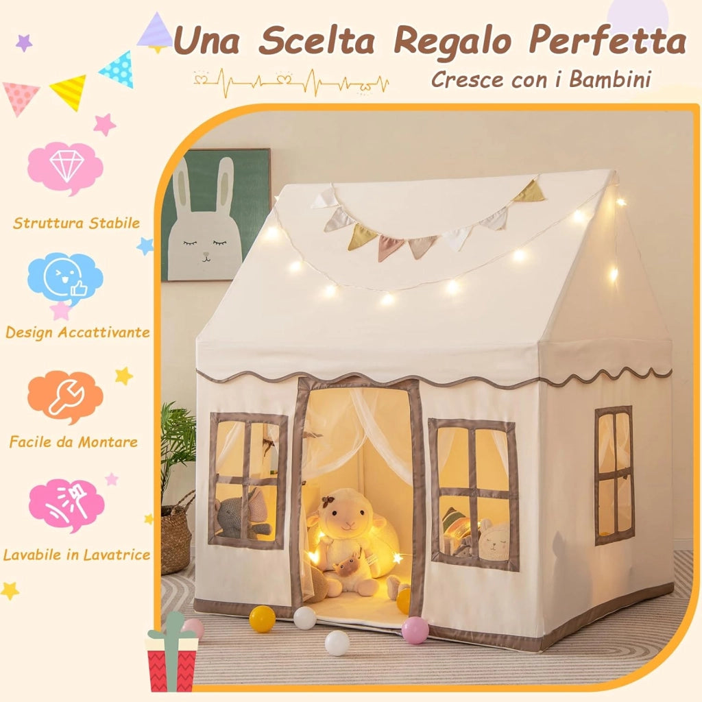 Tenda da Gioco per Bambini con Luci a Stella, Tappetino in Velluto Lavabile e Antiscivolo, Finestre e Tende a Rete, Ideale per Interni ed Esterni per Bambini 3 Anni + (Giallo)