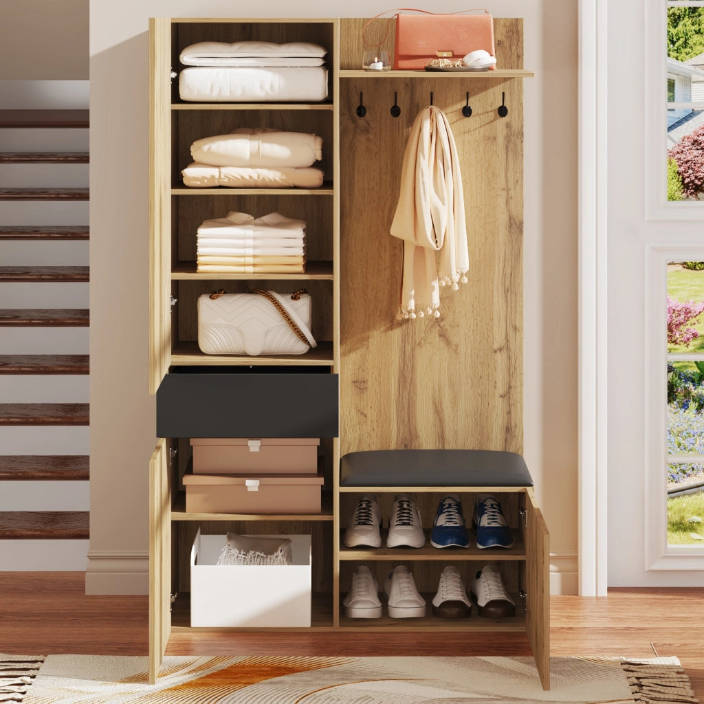 OKWISH Mobile da ingresso con 5 Ganci, Specchio, Panca e 2 Scarpiere, Ripiani Regolabili, 98.5 x 38 x 191 cm