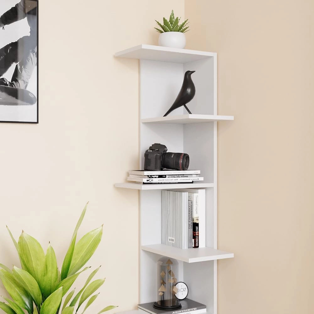 Scaffale angolare Tera, Bianco, 37 x 140.1 cm, utilizzabile per riporre libri e oggetti decorativi