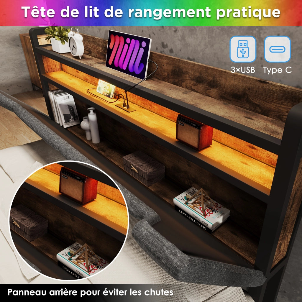 Letto Contenitore Singolo con USB; Tipo C e LED Regolabile 90 × 200 cm; senza Materasso; Beige