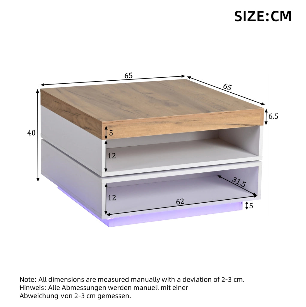Tavolino da caffè 65x65x40 cm con piano girevole a 360° e LED; MDF; bianco e naturale