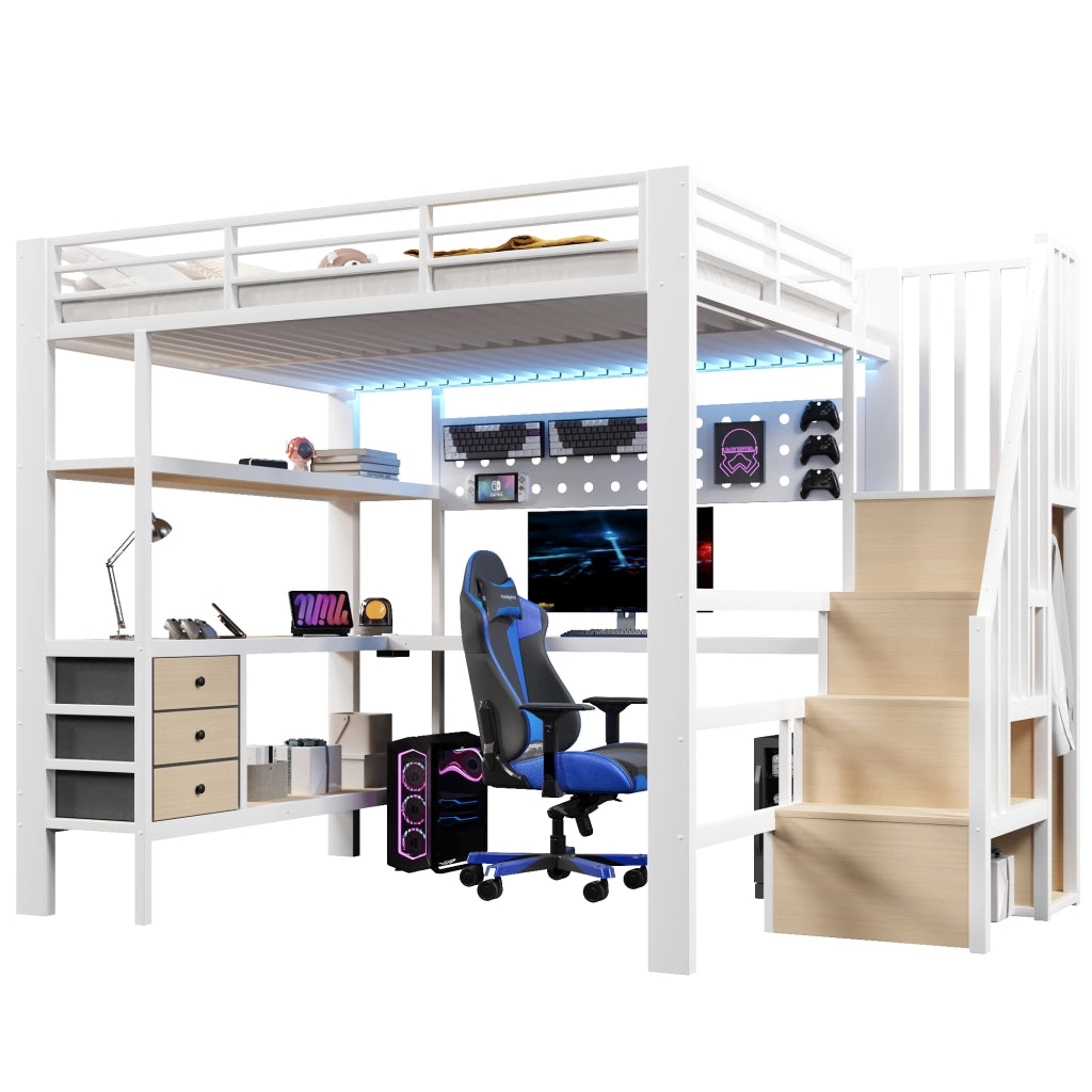 Letto a soppalco con scrivania, cassetto e luce LED ¨C MINIMAL ¨C Bianco, Metallo, 140x200