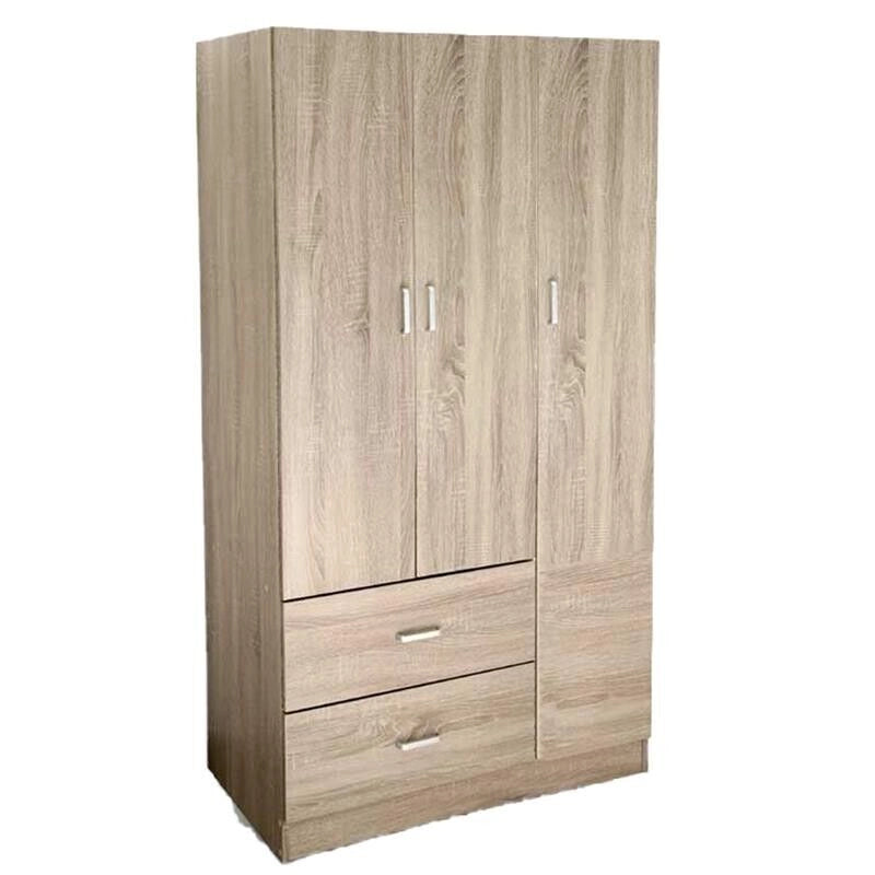 ARMADIO IN LEGNO CON 3 ANTE E CASSETTI, RIPIANI, APPENDIABITI, ROVERE 120 X 52 X 190 CM