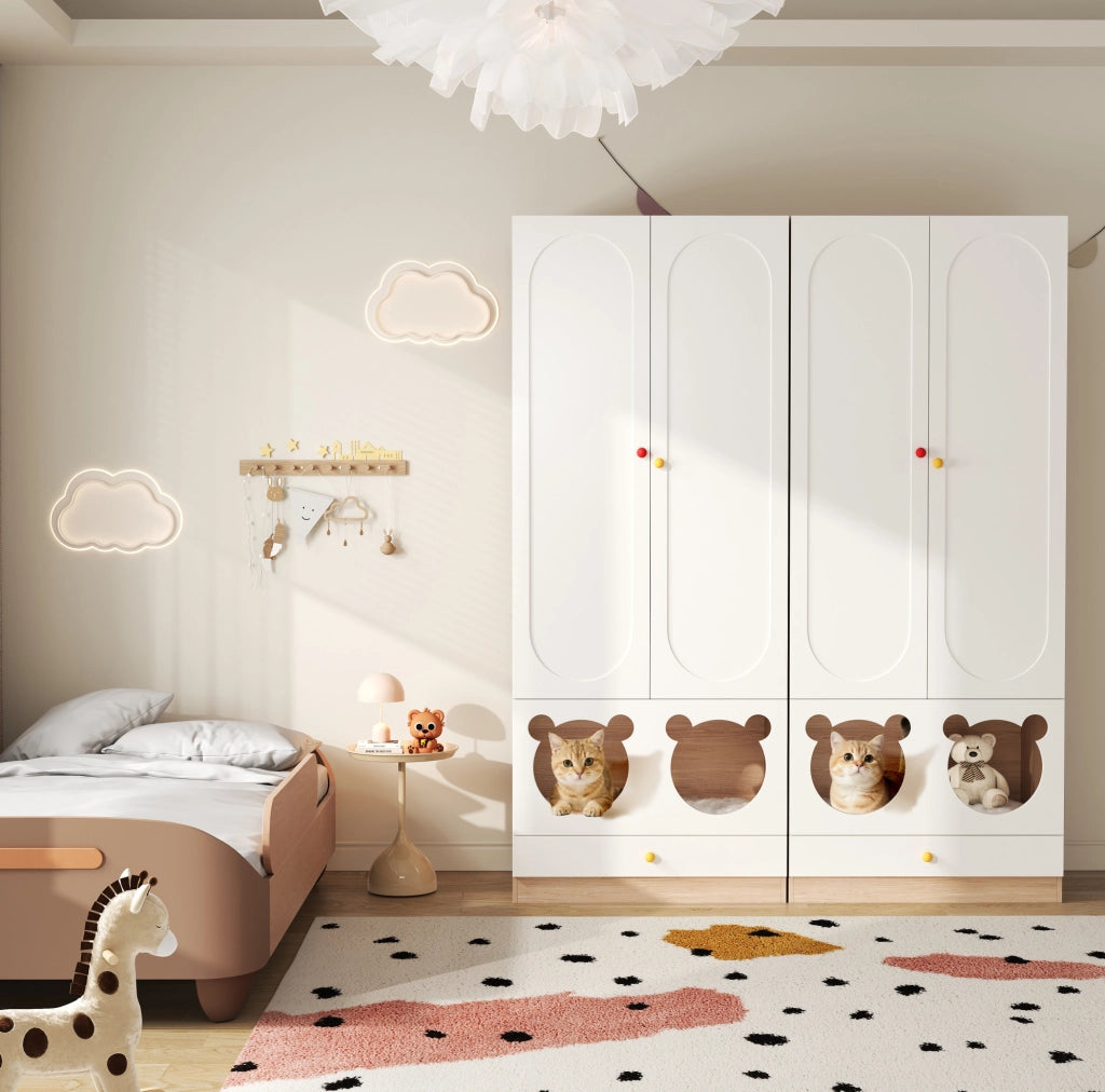 Armadio per cameretta con appendiabiti e cassetti in MDF colore naturale e bianco