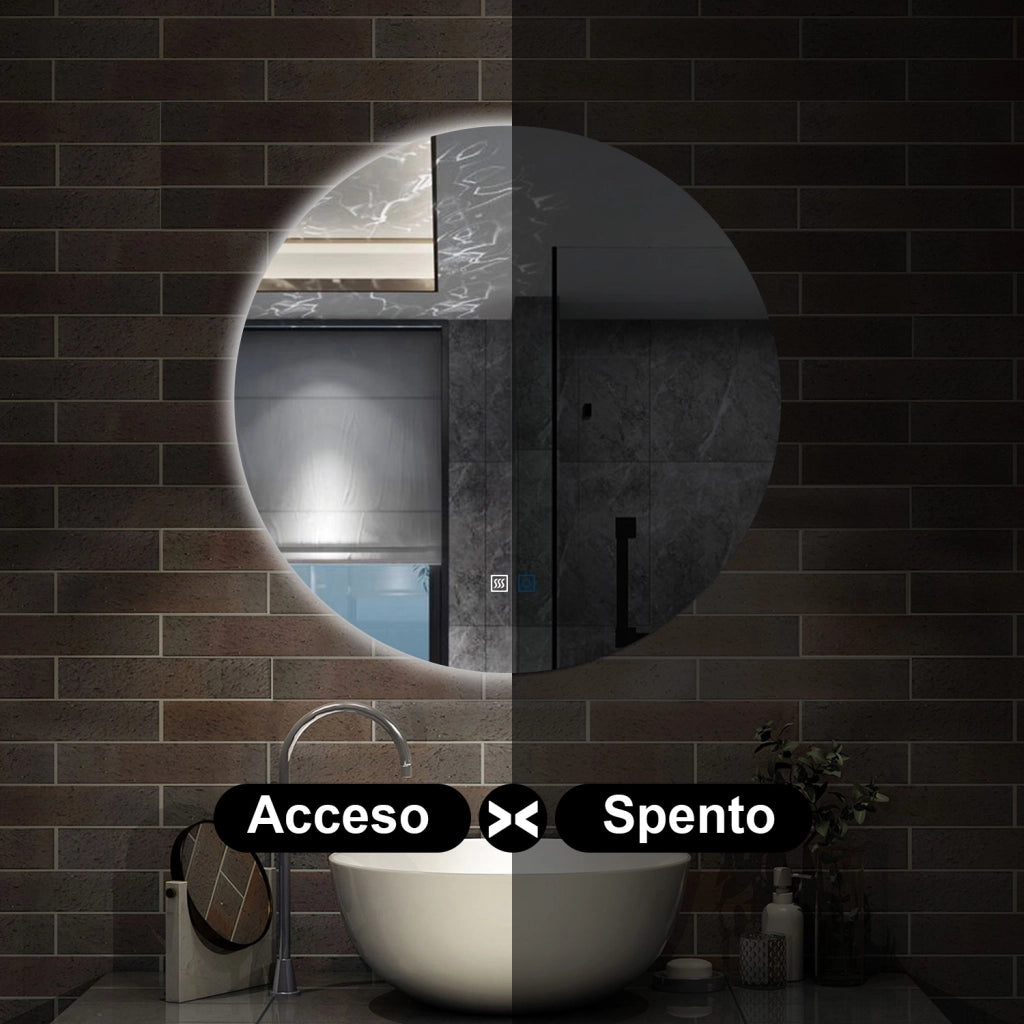 specchio rotondo 70 cm con luce led a 3 colori, antiappannamento e touch