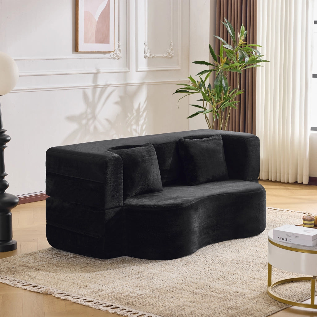 Divano letto pieghevole futon in schiuma con 2 cuscini e rivestimento in peluche corto nero 34 × 34 × 124 cm
