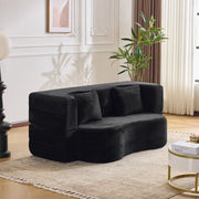 Divano letto pieghevole futon in schiuma con 2 cuscini e rivestimento in peluche corto nero 34 × 34 × 124 cm