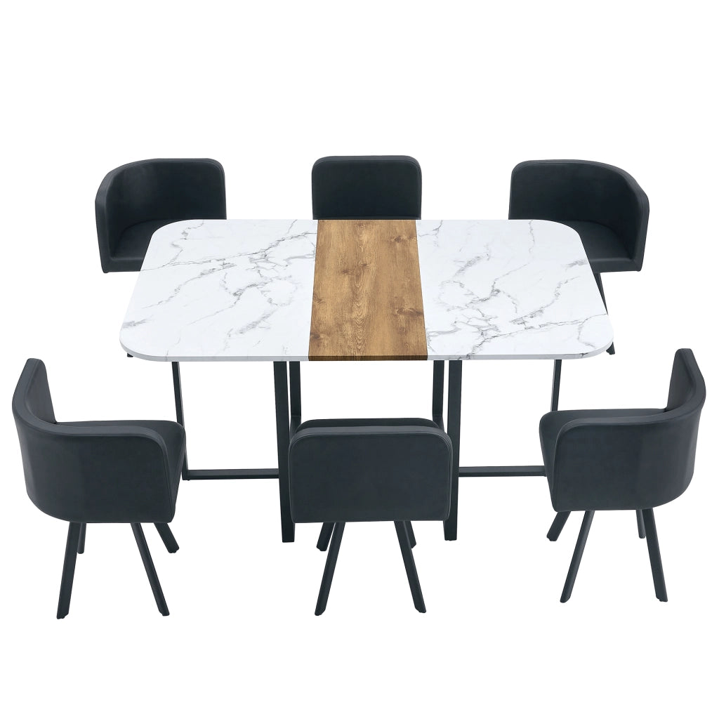 Set tavolo da pranzo allungabile con 4 sedie, struttura in MDF e metallo, bianco, nero e legno naturale per cucina e sala da pranzo