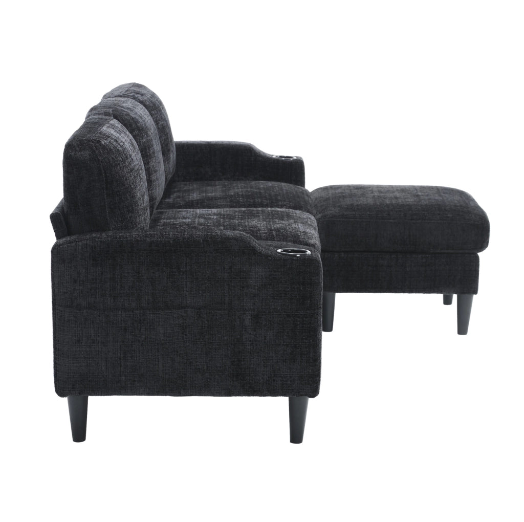 Divano 4 posti con pouf contenitore in chenille nero; porta-bevande e tasche laterali HOMVRA