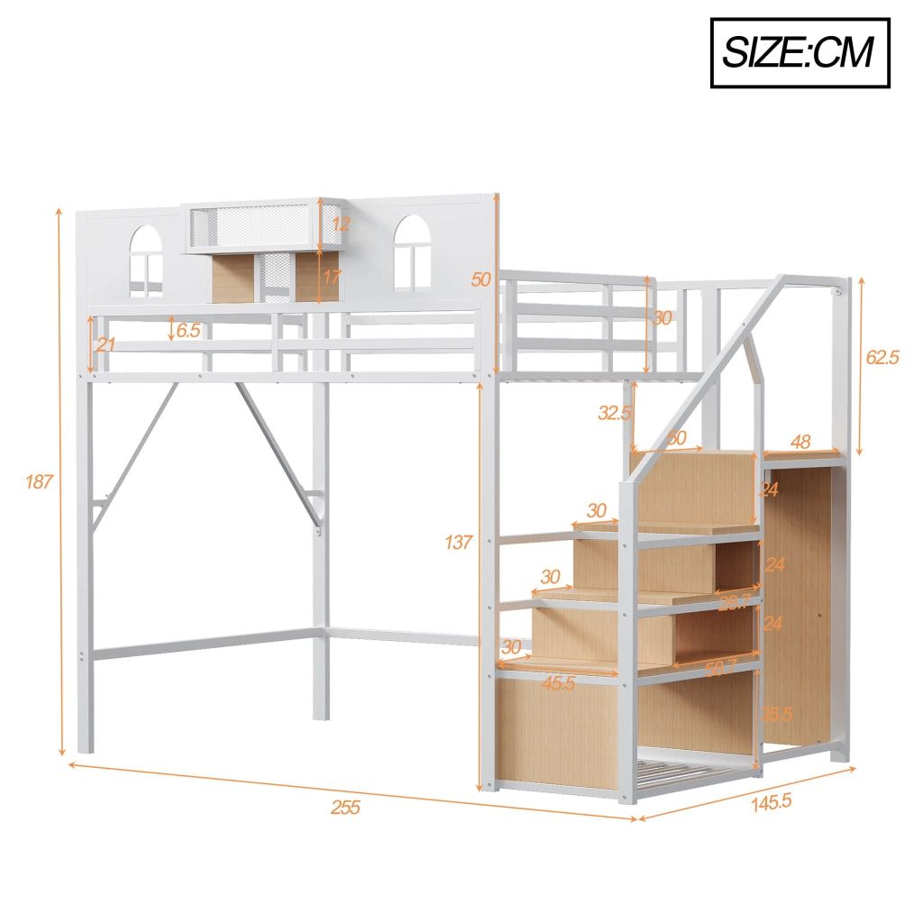 OKWISH Letto a Soppalco 140×200 cm, Letto Matrimoniale con Scala Contenitore, Mensola e Spondine Alte, senza Materasso, Bianco