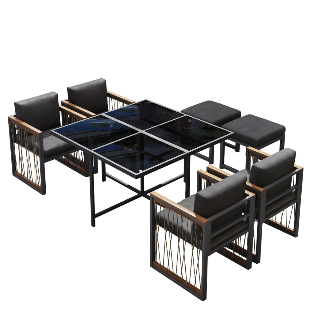 Set da giardino 7 pezzi per 6 persone， 117 x 117 cm， vetro temperato nero e legno