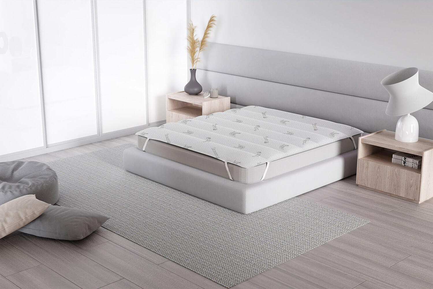 Topper Trapuntato Imbottito 1 Piazza e Mezzo con Elastici Grigio Chiaro