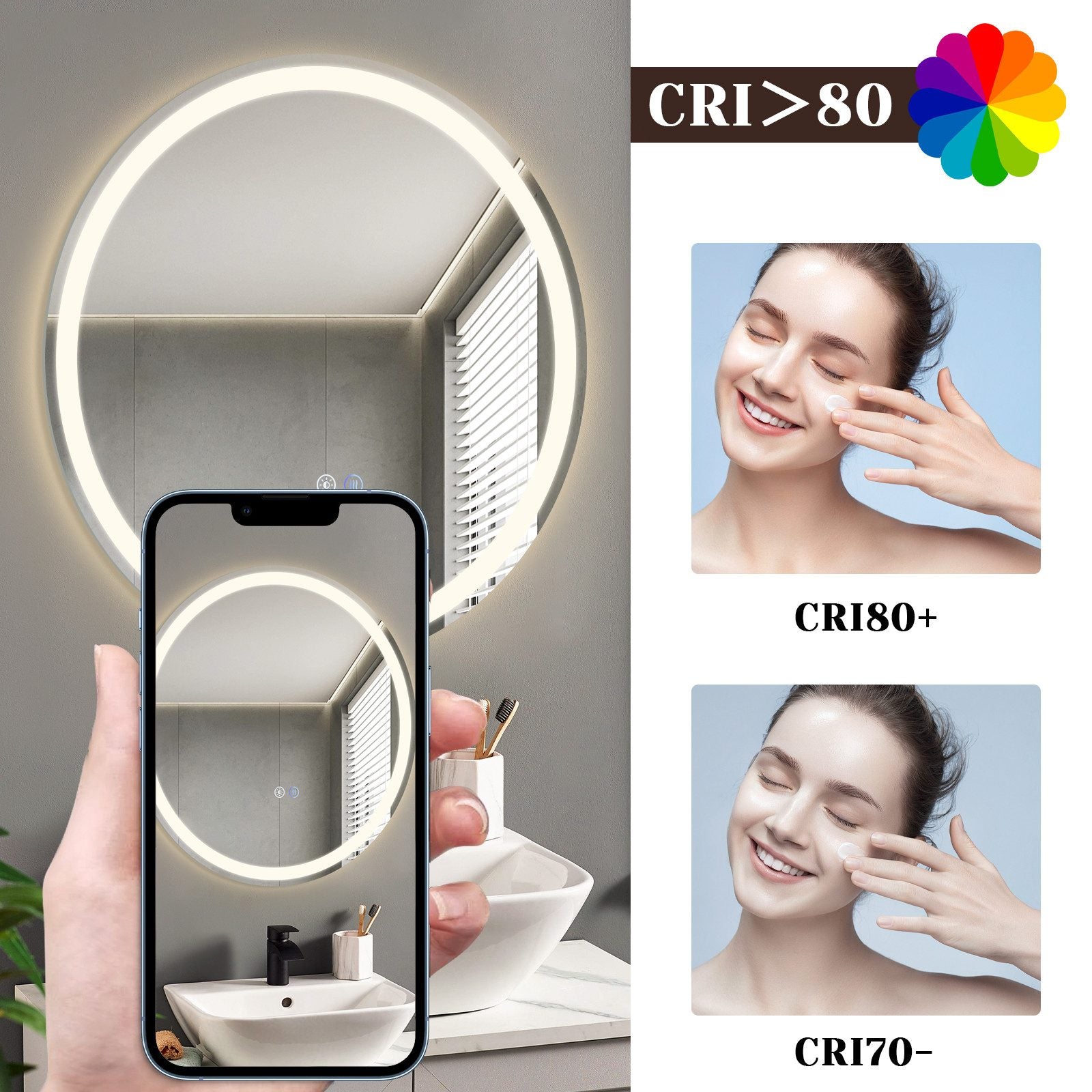 ZMH Specchio da bagno con funzione antiappannamento IP44 Rotondo Bianco Specchio da bagno variabile