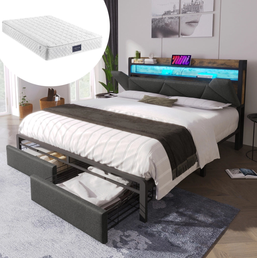 Letto matrimoniale grigio 160 x 200 cm con LED, ricarica USB e cassetti