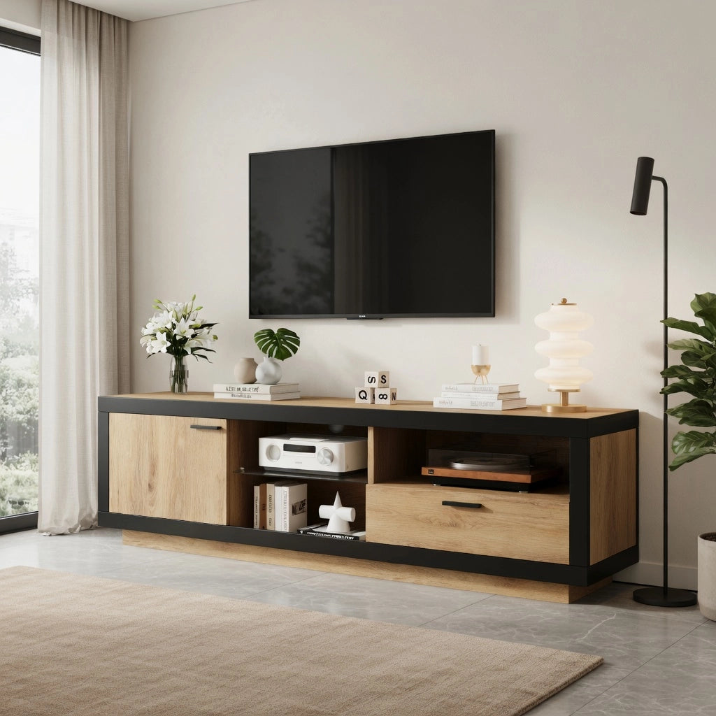 Cassettiera TV nera ed ebano in truciolare lunghezza 160 cm