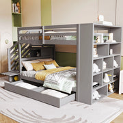 Letto a castello 90x200 cm in legno di pino con scala contenitore e vani portaoggetti; grigio