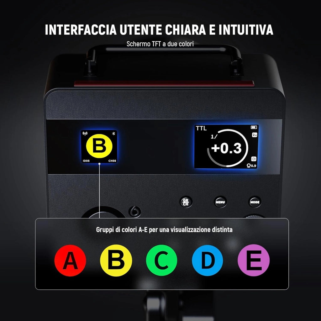 Q6 Flash da Studio Esterno TTL 2.4G 600Ws, Controllo App, 1/1 a 1/512, HSS 1/8000s Batteria 3000mAh, Luce Strobo con Lampada Pilota LED Bicolore 30W/400 Flash a Piena Potenza/Riciclo 0,01-0,9s