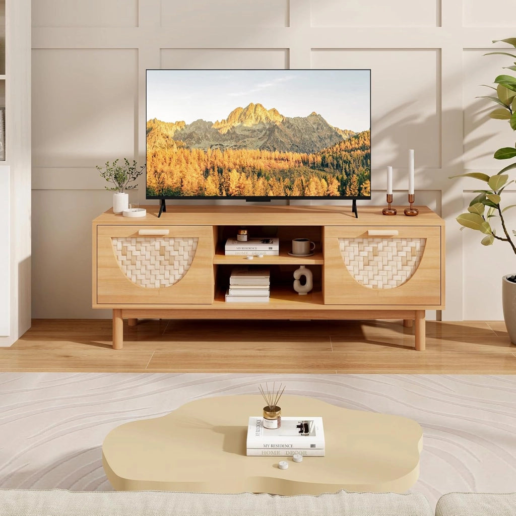 Mobile TV in legno per TV fino a 55", gambe in legno massello, panca TV con 2 cassetti e ripiano aperto a 2 livelli, stile Boemia, 120 x 35 x 45,5 cm, naturale