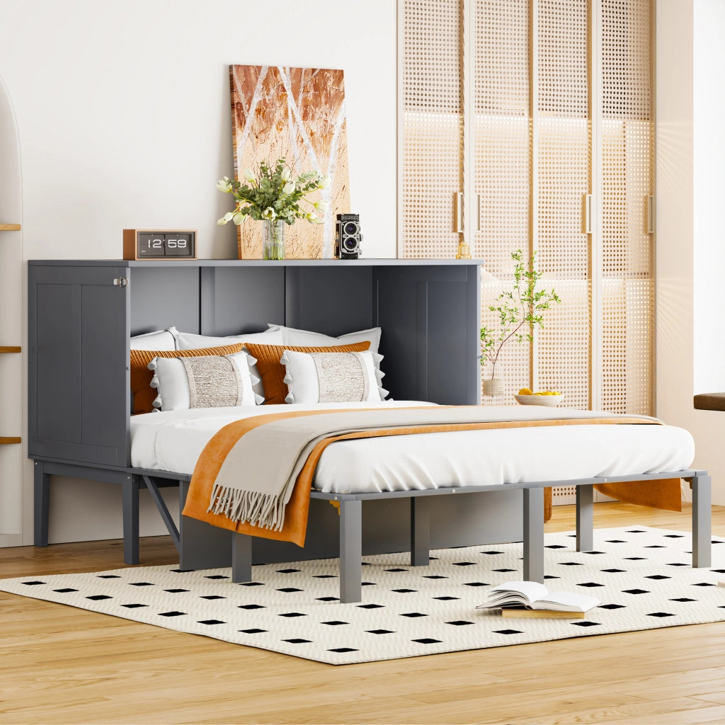 OKWISH Letto a scomparsa 140×200 cm, Letto Matrimoniale con Ribalta Verticale, Spazio Contenitore e Consolle, senza Materasso, Grigio