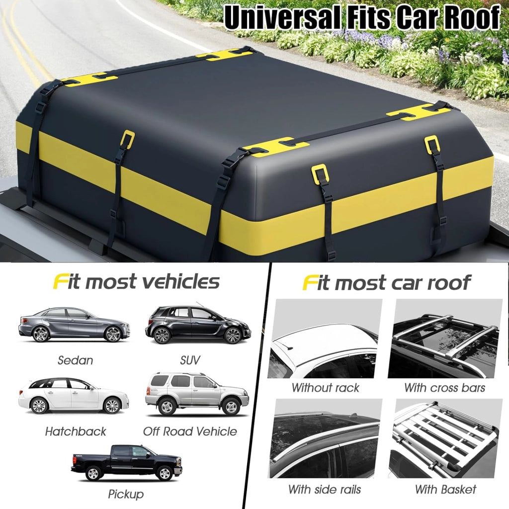 Box Tetto Auto 600 Litri, Portapacchi Auto Tetto 100 X 130 X 44 CM, Impermeabile con Tappetino Antiscivolo e Borsa per il Trasporto, Porta Bagagli Universale per Auto, SUV (Nero+Giallo-600L)