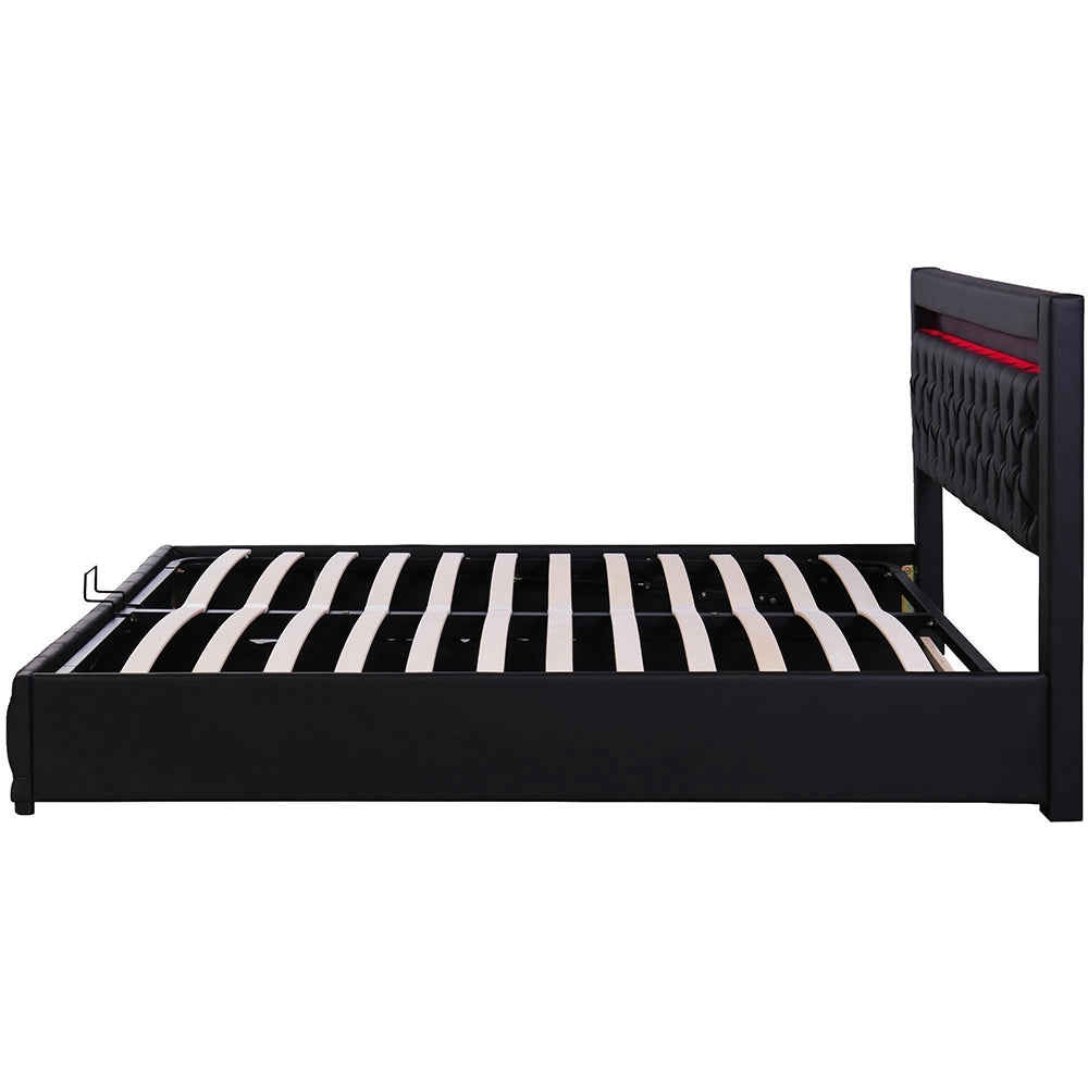 Letto imbottito con testiera - Xylo - 140x190 cm - Nero - Struttura a doghe, illuminazione LED, spazio di archiviazione idraulico