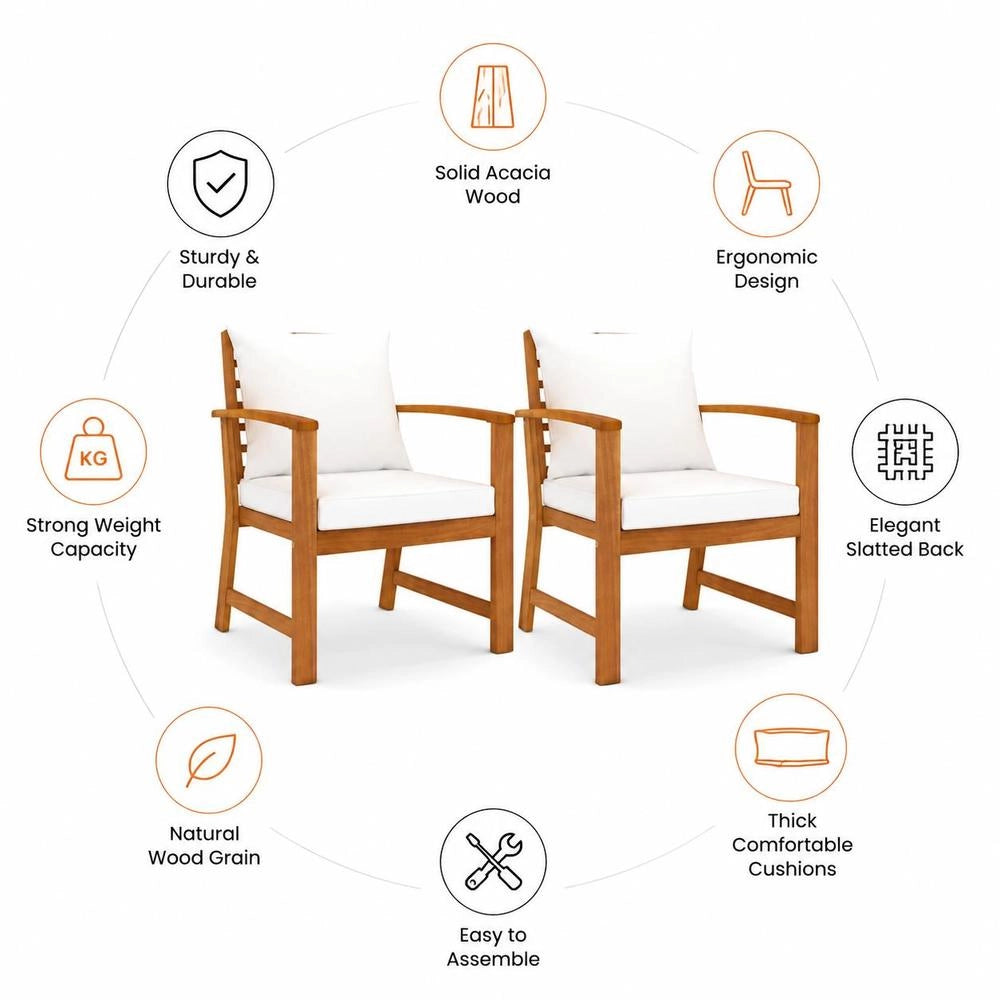 Garden Chairs, Set Of 2, With Cream Cushions, Made Of Solid Acacia Wood